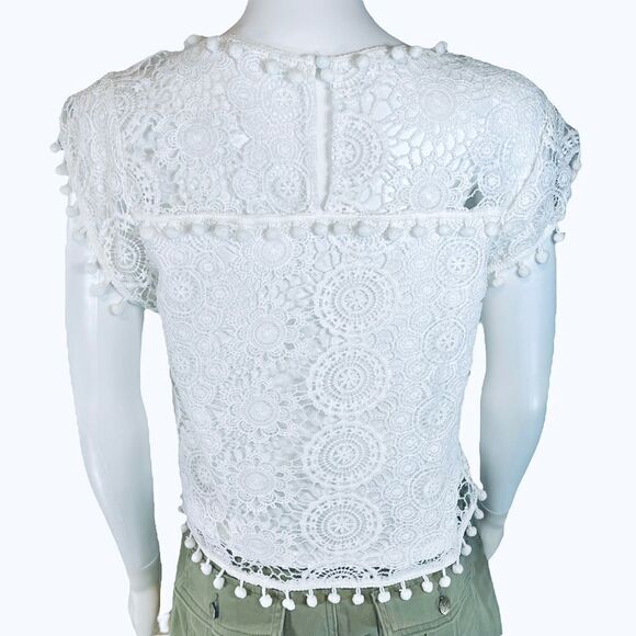 Lace Embroidered Short Sleeve Pom Pom Blouse White Coquette - Picture 5 of 10